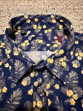 Benson XXL Men's Tropical Floral Button Down Shirt Navy Yellow Turkey EUC